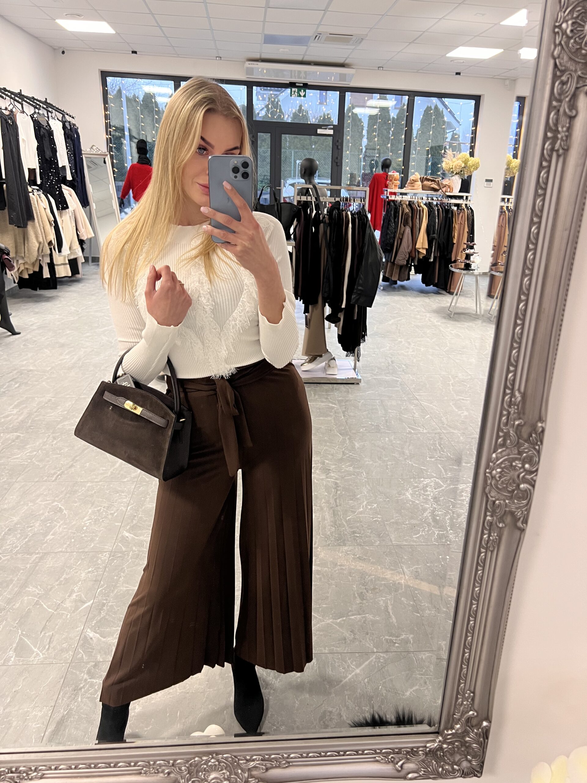 SPODNIE CZEKOLADOWE PLISOWANE